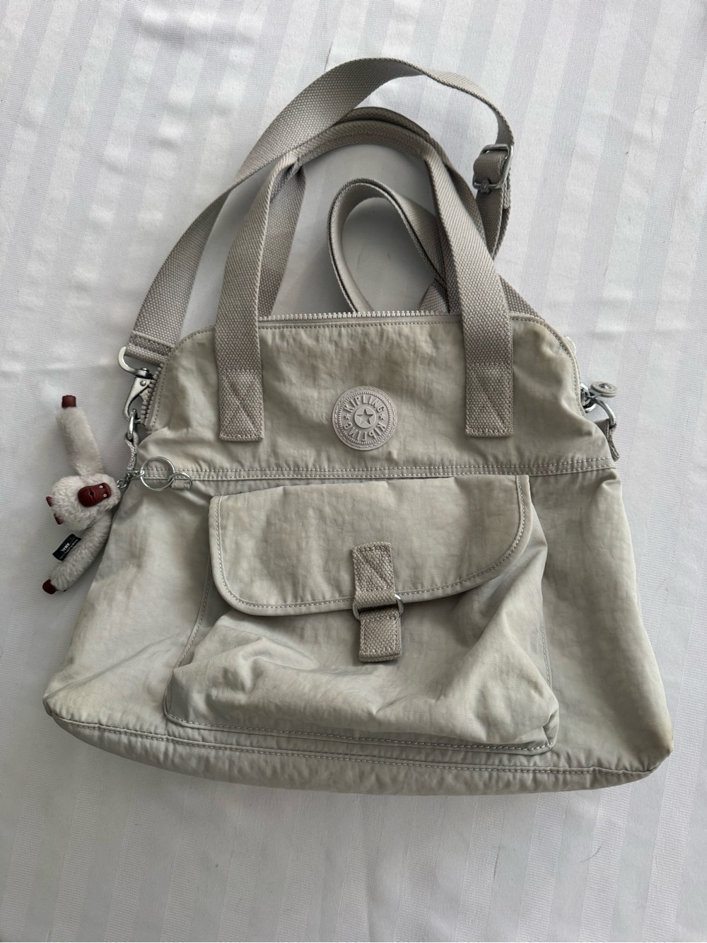 Kipling Light gray Shoulder Tote with Monkey Charm
